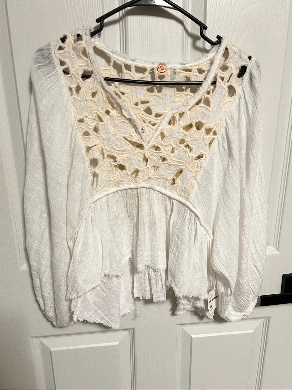 NWT Free People Crochet gauzy raw edges Peasant top size XS